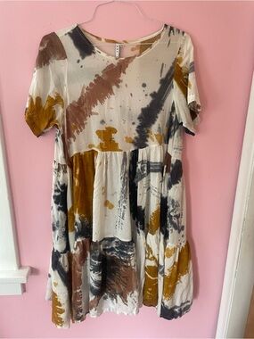 Women's Osei Duro Casual Tiered Tie-Dye Dress in Cream, Mustard & Brown